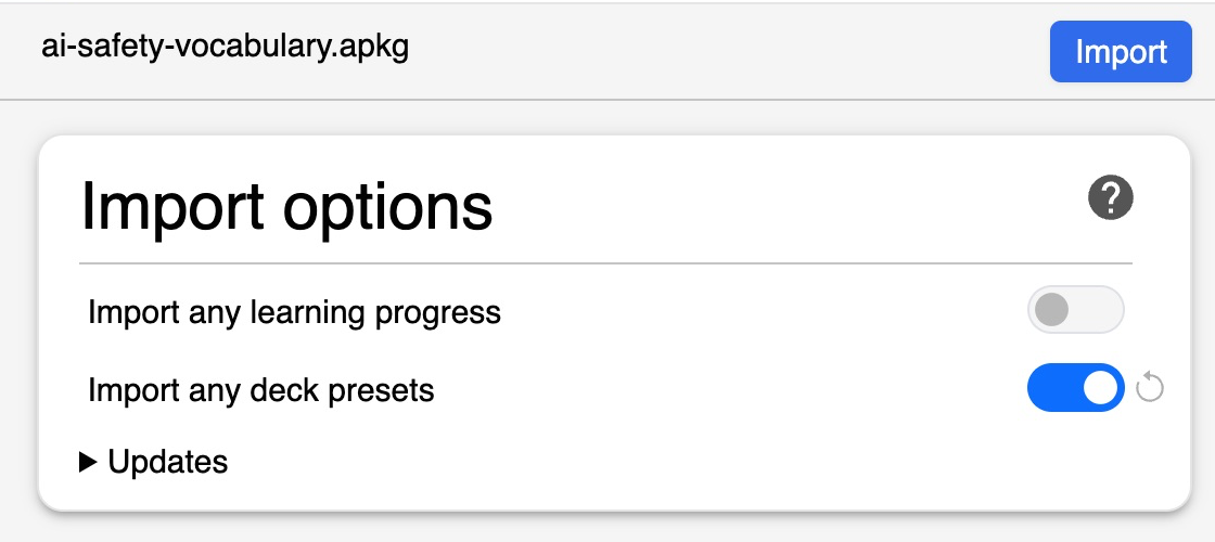 Light-mode Anki import options for ai-safety-vocabulary.apkg, showing Import any deck presets and Import