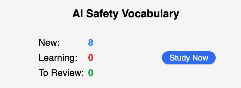 Light-mode AI Safety Vocabulary deck screen with Study Now