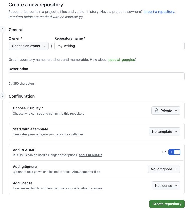 GitHub’s Create a new repository page with my-writing entered, Private selected, and Add README turned on