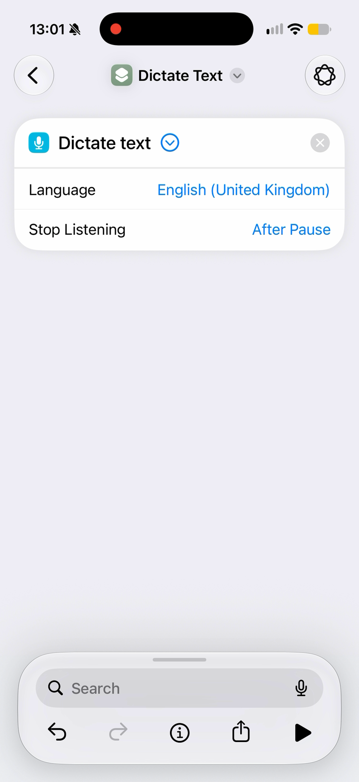 Dictation settings with the arrow and After Pause highlighted