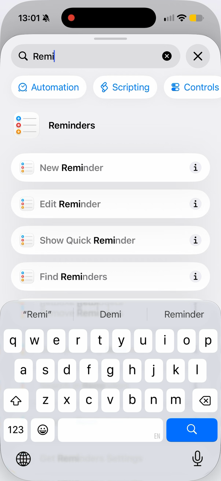 Reminder search results with the search field and New Reminder highlighted