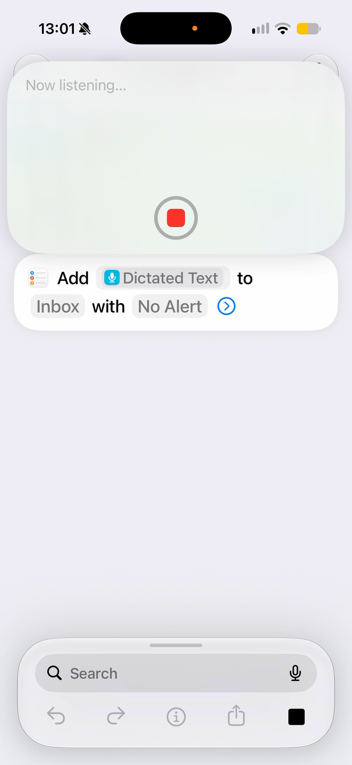 The shortcut listening for dictated words