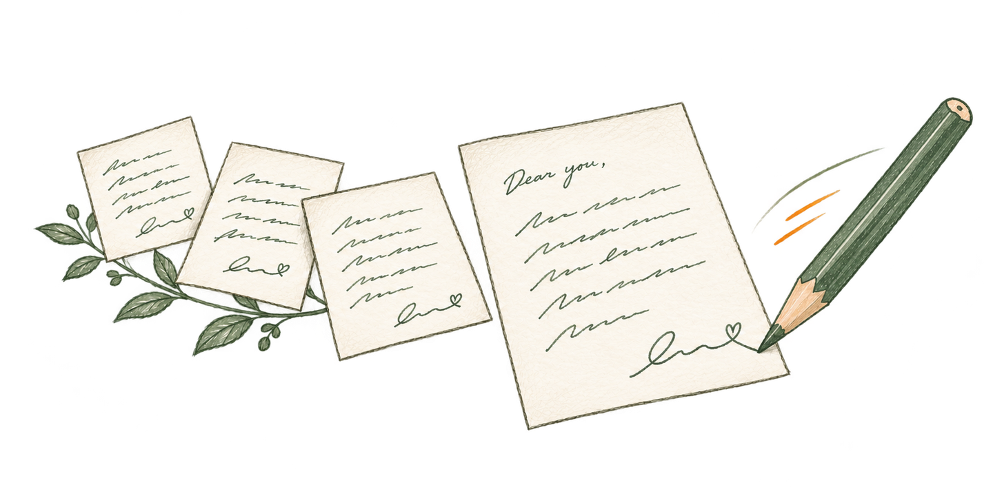 A green pencil finishes a personal handwritten letter, with three completed letters behind it sharing the same distinctive sign-off.