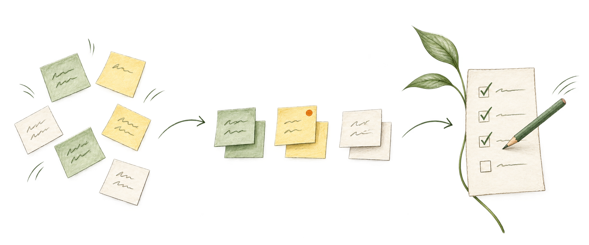 Scattered green, yellow and white task notes become organised groups with a highlighted priority, then a checklist being ticked off.